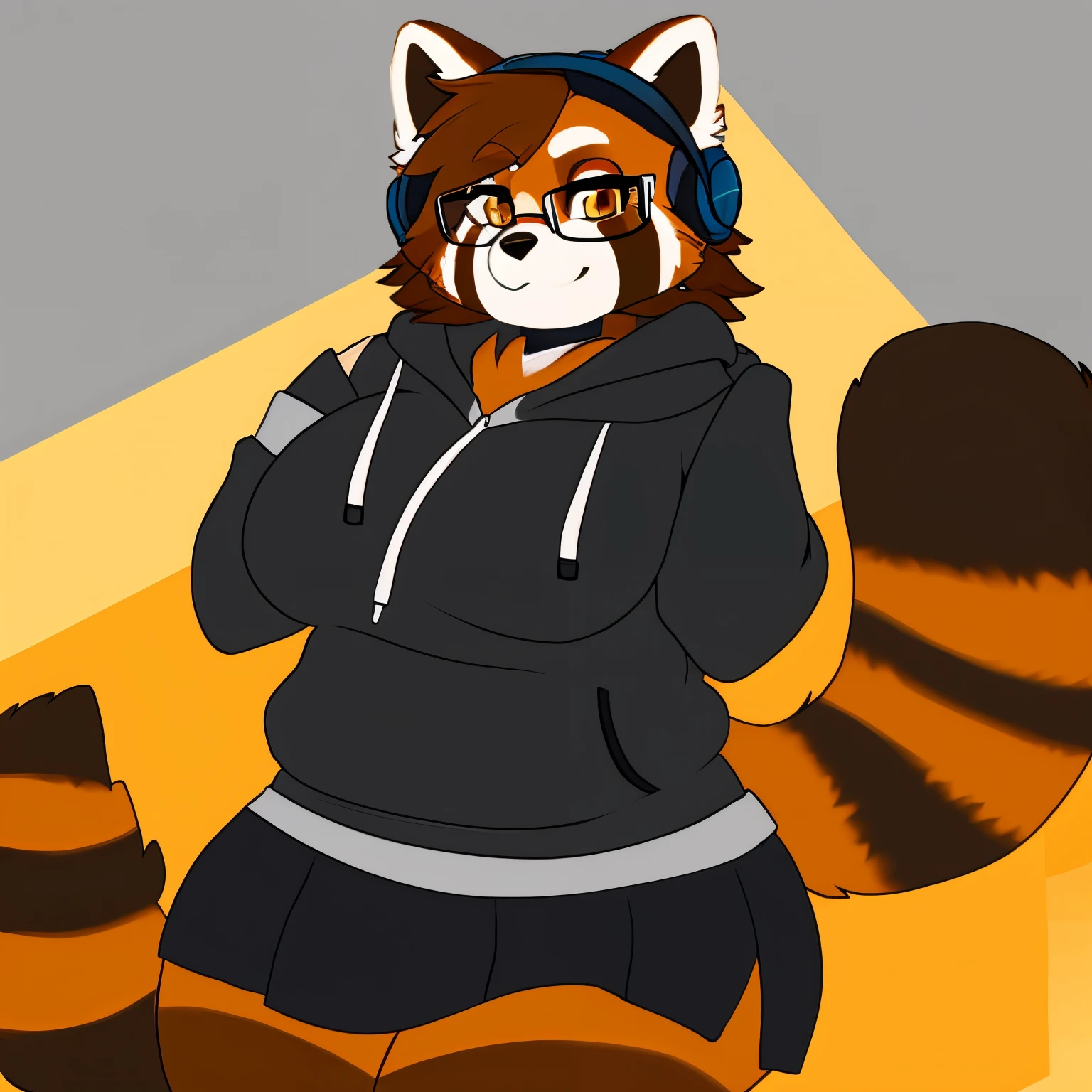 An anthro Red Panda that has a curvy and voluptuous body. It wears a black shirt with a black and grey short sleeve hoodie and black shorts with a skirt. It also wears headphones around its neck and wears glasses. It has Amber eyes.