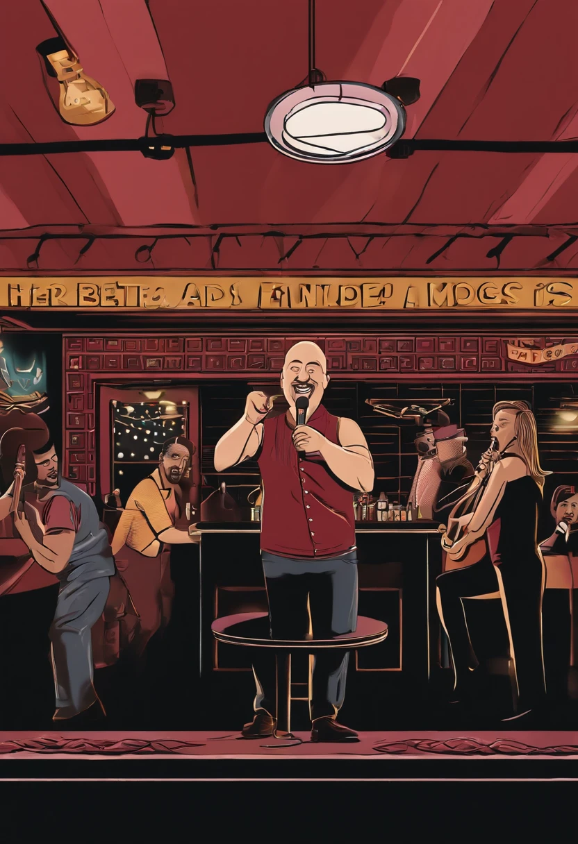 Hotdogfingers at a karaoke bar, belting out a classic rock song,original,He’s a middle aged man who is balding but the star of the show is that his fingers are hot dogs