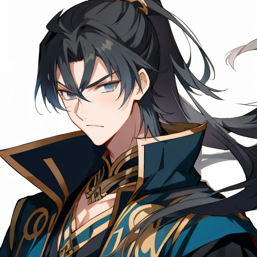 Anime boy with black hair and black clothes,Long gray hair,high ponytails,gilgamesh, grand order of destiny, style anime, Like fate/spend the night with, destiny / spend the night with, Portrait of a magical blond prince, handsome anime pose, Fate still stays at night, joseph joestar, male anime characters, Produced by Anime Painter Studio, 8K!