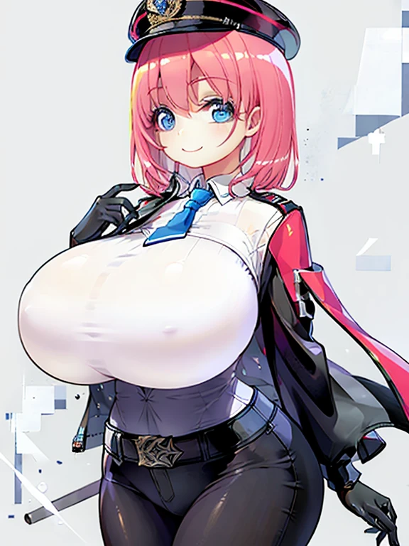 Woman with huge boobs, narrow waist, wide hips, military uniform, open black jacket, white shirt, necktie, short hair, pink hair, blue eyes, smile, black gloves, belt, black pants, military peaked cap, cleavage.