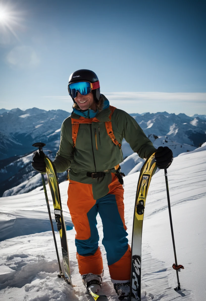 A photo of the ski instructor taking a break on the slopes, leaning on their ski poles and looking out at the mountain view,original,a quintessential ski bum, lives and breathes the slopes of Jackson Hole, with his sun-bleached hair, weathered skin, and a perpetual grin beneath his mirrored goggles. His attire is a colorful mishmash of vintage ski gear, patched up from years of backcountry adventures, embodying his free-spirited and carefree approach to life.