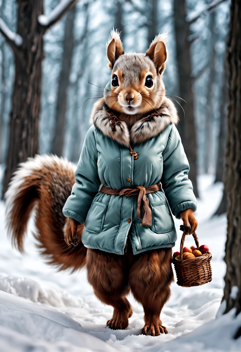 Warm look for winter"	Cold winter days，Squirrel models wear cute winter clothes，Feet walking on the snow，Bringing you a burst of winter warmth and joy。