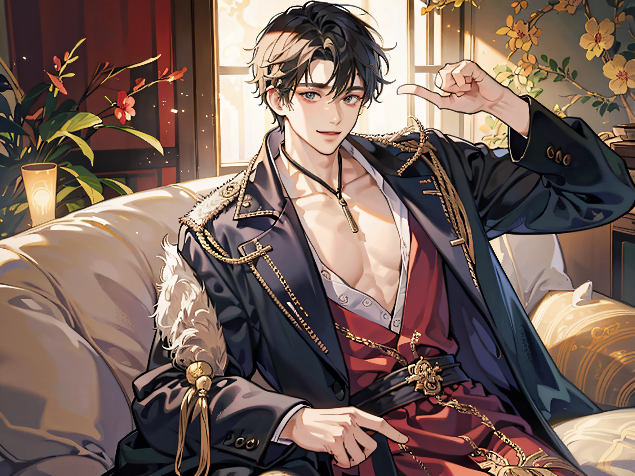 Best quality at best),Oriental detailed background,of a guy,luxury clothing,closeup cleavage,ssmile,Be proud
