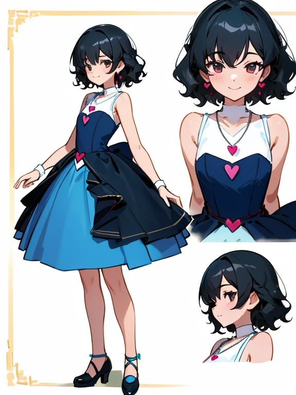 absurd res, high res, (masterpiece:1.4) character sheet design, accurate anatomy, 1 girl girl wearing tight blue dress, sleeveless dress, short black hair wavy, girl ruby heart necklace, short girl, smilling