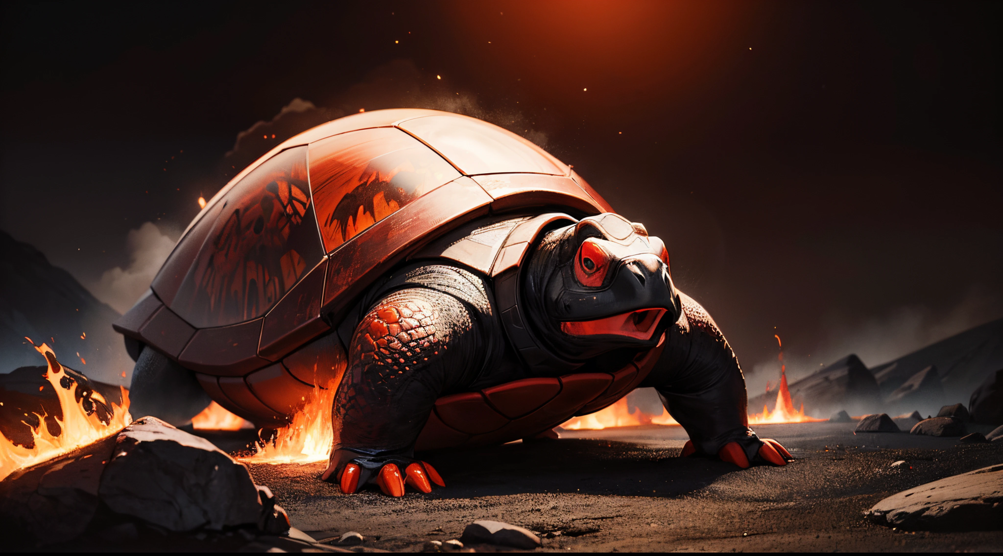(masterpiece:1.4), perfect quality, dark painting, red and black colurs, wide painting,( giant land turtle turtle, body glowing red, red head, glowing red beaker, standing and watching at the viewe, black rocks on the shell, shell glowing dark red, eyes glowing bright orange, shell has dark red drwings on it), explousion on the background, volcanic environment, threads of lava everywhere, nighttime, bright stars