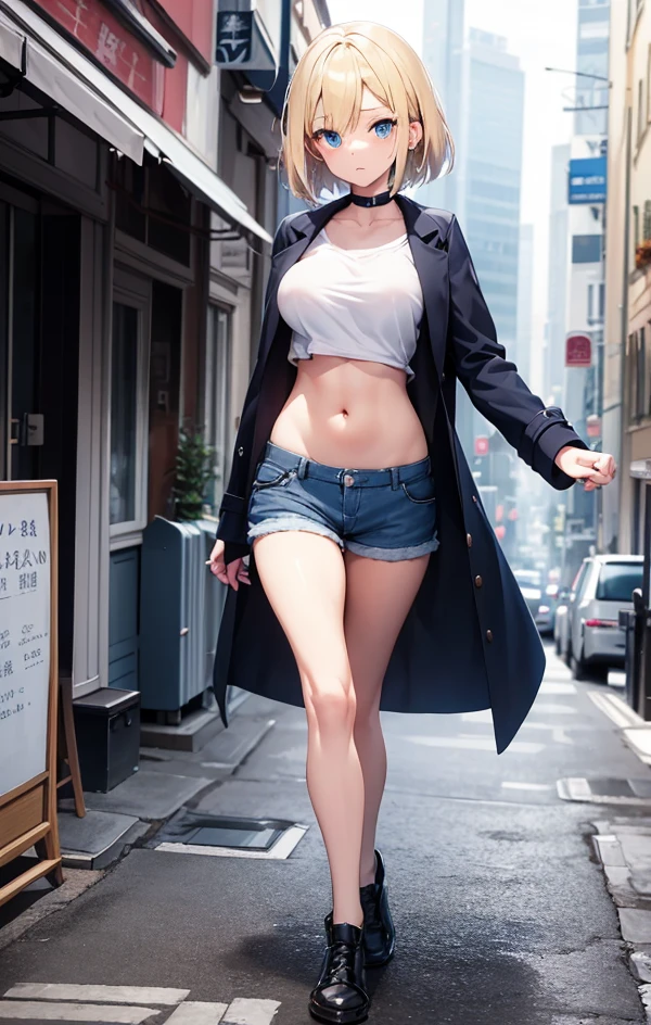 2D Anime Style、Blue eyes、Beautiful eyes, (Talented lo-fi:1.3)breasts are slightly larger、A cool adult woman with short blonde hair and a cold expression,Shorts and long coat to show your stomach(long-sleeve)Wear,Solo,walking in city,European-style cityscape