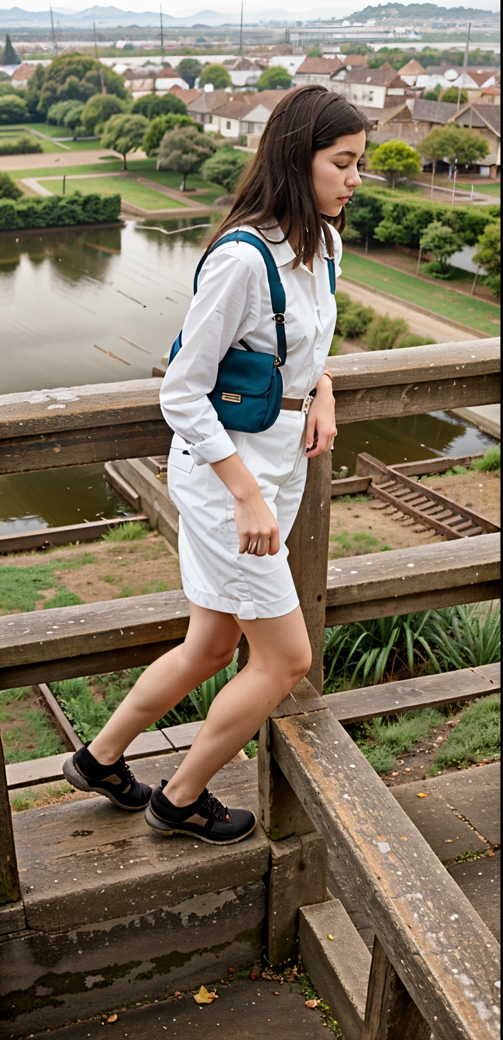 Carrying a rucksack,arms leaning on railing,Araff woman,(up view:1.3)