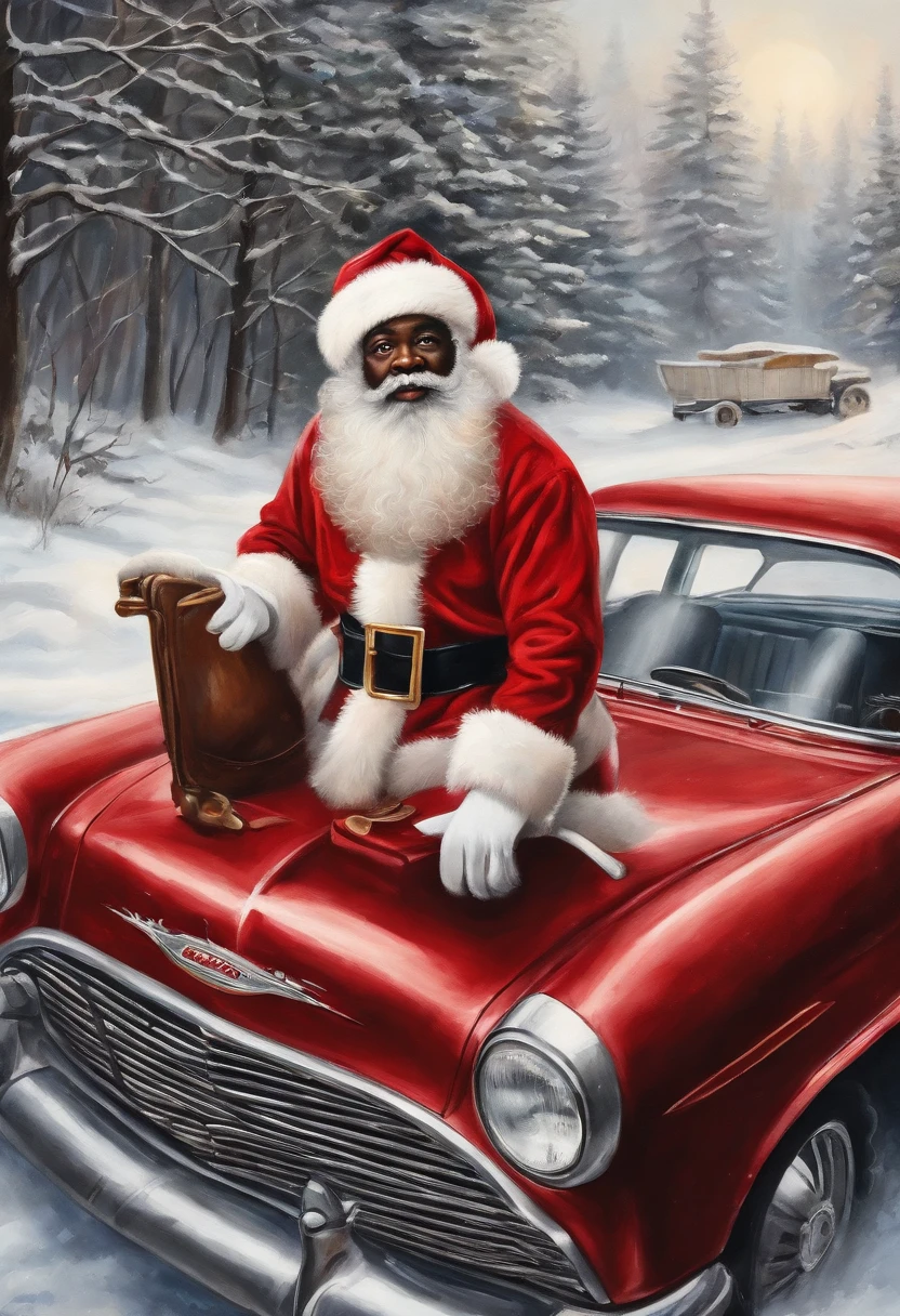 best quality, realistic, photorealistic, award-winning illustration, (intricate details: 1.2), (delicate detail), (intricate details), vintage black afro man as Santa Claus in a red car looking at the camera in a snow-filled lane, a photorealistic painting by Mac Conner, pexels, realism, character, the man is wearing a old red clothes and overalls, The background is a painting of Christmas aesthetic, creating a contrast between the realistic and the artistic elements of the image,8k