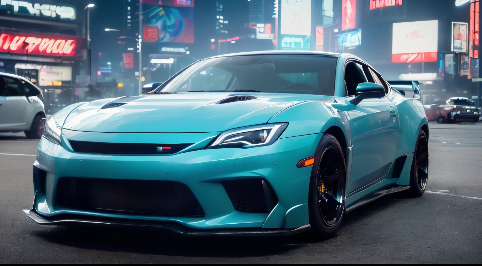 ((masterpiece、top-quality、realisitic、ultra-detailliert、hight resolution、Photorealsitic、foco nítido、photographrealistic、Raw photography、lighting like a movie))、car park、((Futuristic Cyberpunk Hot Rod))、(With glowing tires)、3/4Front view、Cool car