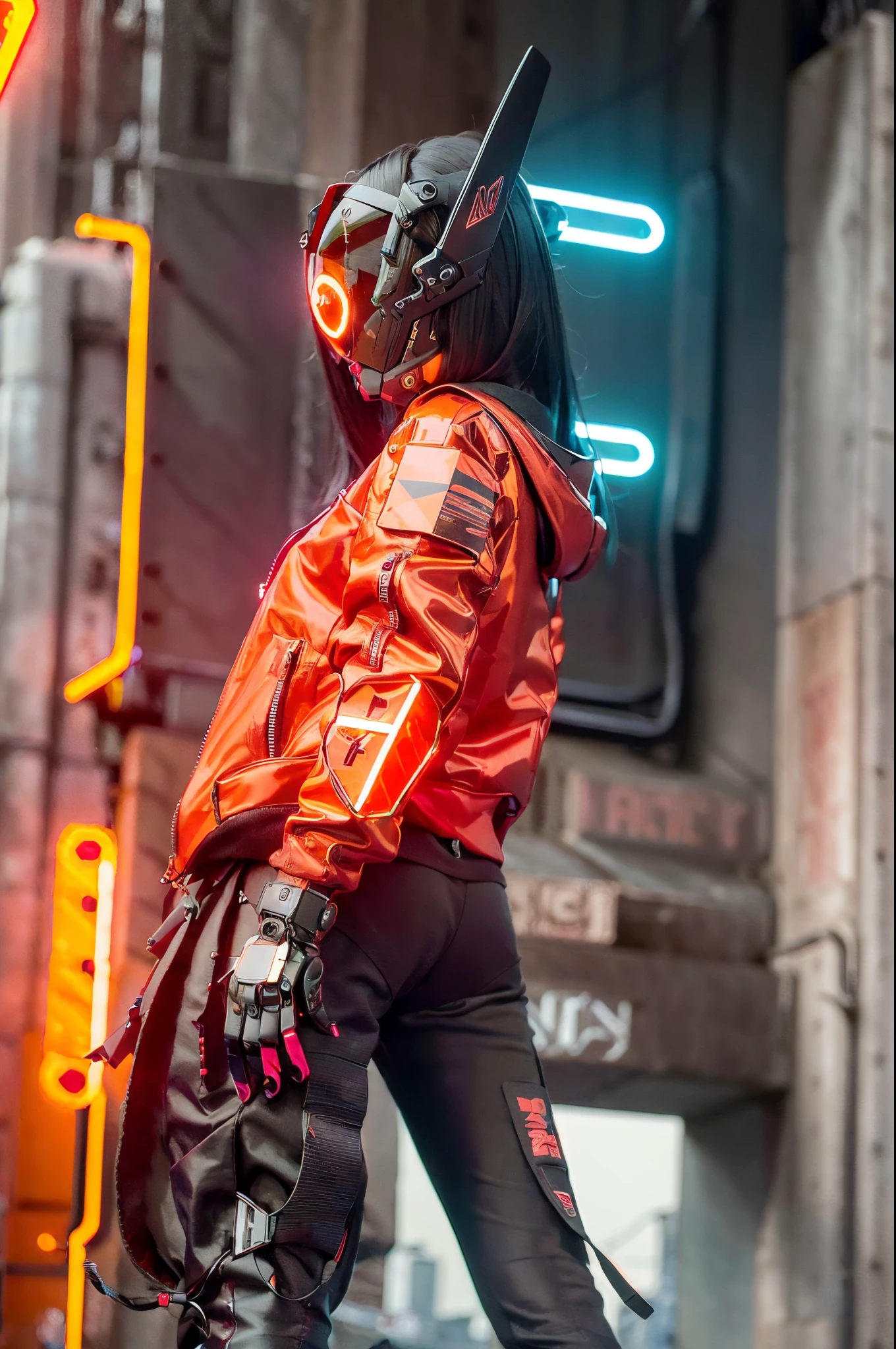 (original: 1.2), masterpiece, best quality, a futuristic looking cyborg girl with a black cyberhelmet head with red triangle led lights and a halo, wearing a orange techwear jacket, cool pose, long legs, on the street