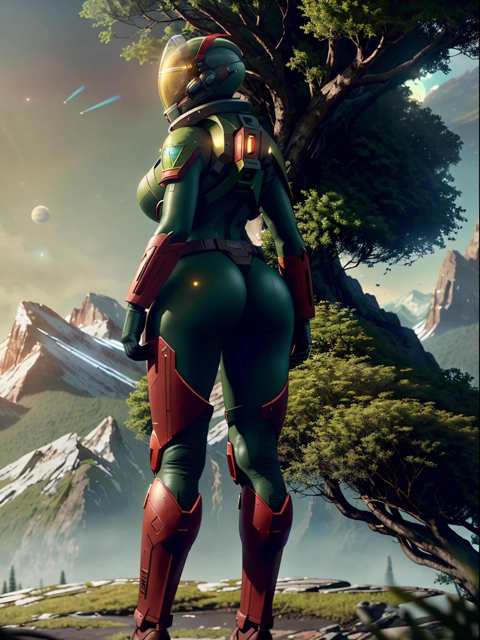 (35mmstyle:1.2), Highly detailed RAW color Photo, Rear Angle, Full Body, of (female space marine, wearing white and red space suit, futuristic helmet, tined face shield, rebreather, accentuated booty), outdoors, (standing on Precipice of tall rocky mountain, looking out at magical lush green rain forest on alien planet), vivid detail, (exotic alien planet), toned body, big butt, (sci-fi), (mountains:1.1), (lush green vegetation), (two moons in sky:0.8), (highly detailed, hyperdetailed, intricate), (lens flare:0.7), (bloom:0.7), particle effects, raytracing, cinematic lighting, shallow depth of field, photographed on a Sony a9 II, 35mm wide angle lens, sharp focus, cinematic film still from Gravity 2013, viewed from behind, dynamic angle