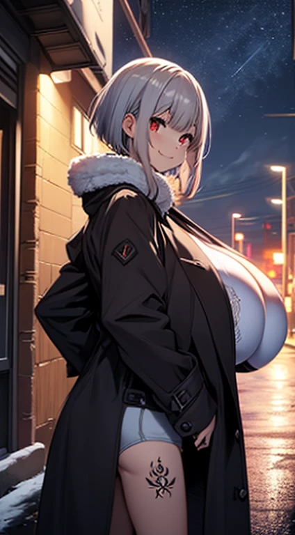 top-quality、Top image quality、in 8K,4K,​masterpiece、(NSFW:1.1)、ultra-detailliert、Beautiful、ultra-quality、adult-like、Cool、girl with(((18year old、Bust 78、silber hair、Long coat with open front、Sportsbra、underpants、a short bob、Red Eyes、erotick:1.4、Happiness、The tattoo)))、hiquality、visualart、Background with((Winter Night Road:1.3))、masutepiece, (giant breasts:1.6)