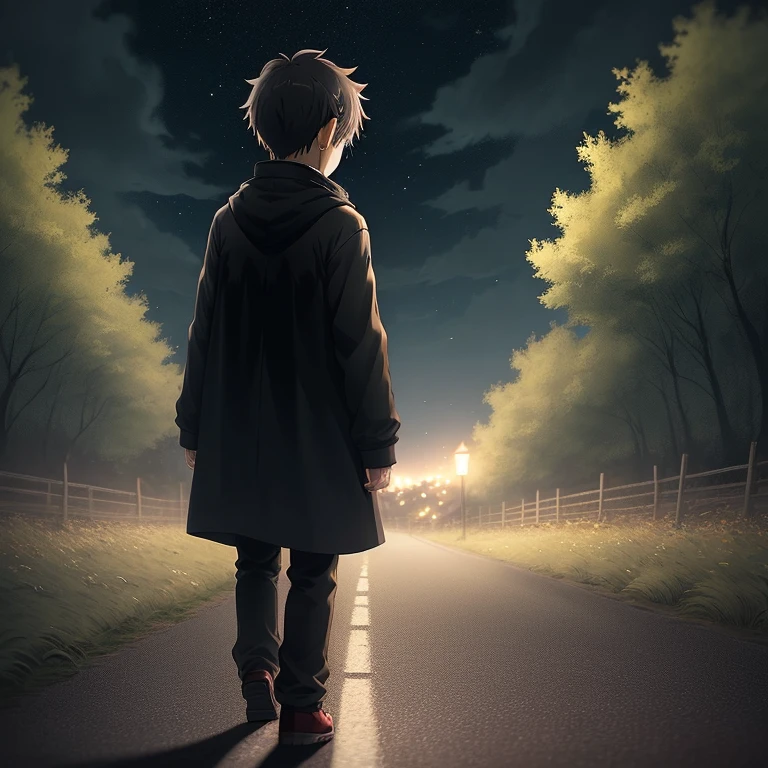 solitude、Alone、distortion、is crying、cry、2d art、Anime style、Away from people、scream and cry、Whole body、Shota、male year old boy、Holding a stuffed rabbit、Lost、manga style art、Walking on the dark night road