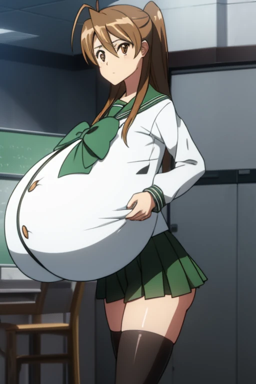 reimiyamoto, rei miyamoto, long hair, brown hair, (brown eyes:1.5), antenna hair, ponytail,
BREAK skirt, thighhighs, school uniform, serafuku, zettai ryouiki, green skirt, bowtie, long sleeves, black thighhighs, black bowtie,
BREAK looking at viewer,
BREAK indoors, classroom,
BREAK (masterpiece:1.2), best quality, high resolution, unity 8k wallpaper, (illustration:0.8), (beautiful detailed eyes:1.6), extremely detailed face, perfect lighting, extremely detailed CG, (perfect hands, perfect anatomy), (giant breasts:1.6)