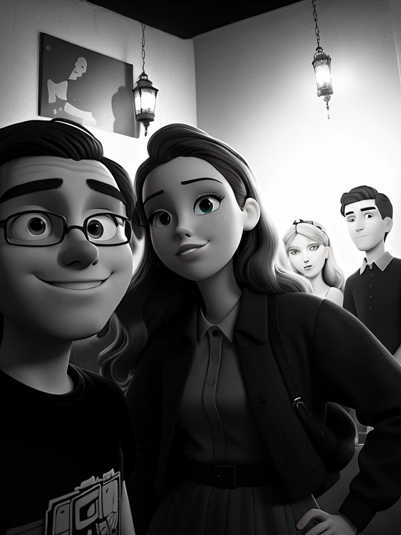 there is a man and woman that are posing for a picture, petra collins and mc. escher, nighttime!, monsters in the background, james jean and petra cortright, photo taken in 2 0 2 0, night!, charli bowater and artgeem, nighttime!!, very accurate photo, snapchat photo, black and white picture, by Amelia Peláez