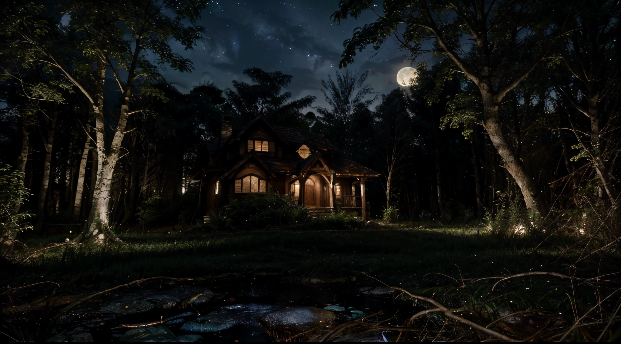 (best quality,4k,highres),house in the middle of forest,beautiful view,stars,moon,vivid colors,night scene,peaceful,calm,serene,tranquil,quiet,soft glow,shimmering stars,moonlight filtering through trees,scattered moonbeams,dense foliage,enchanted atmosphere,cool breeze,rays of light,whispering leaves,serenity,harmony,natural beauty,sparkling night sky,tranquility,serene atmosphere