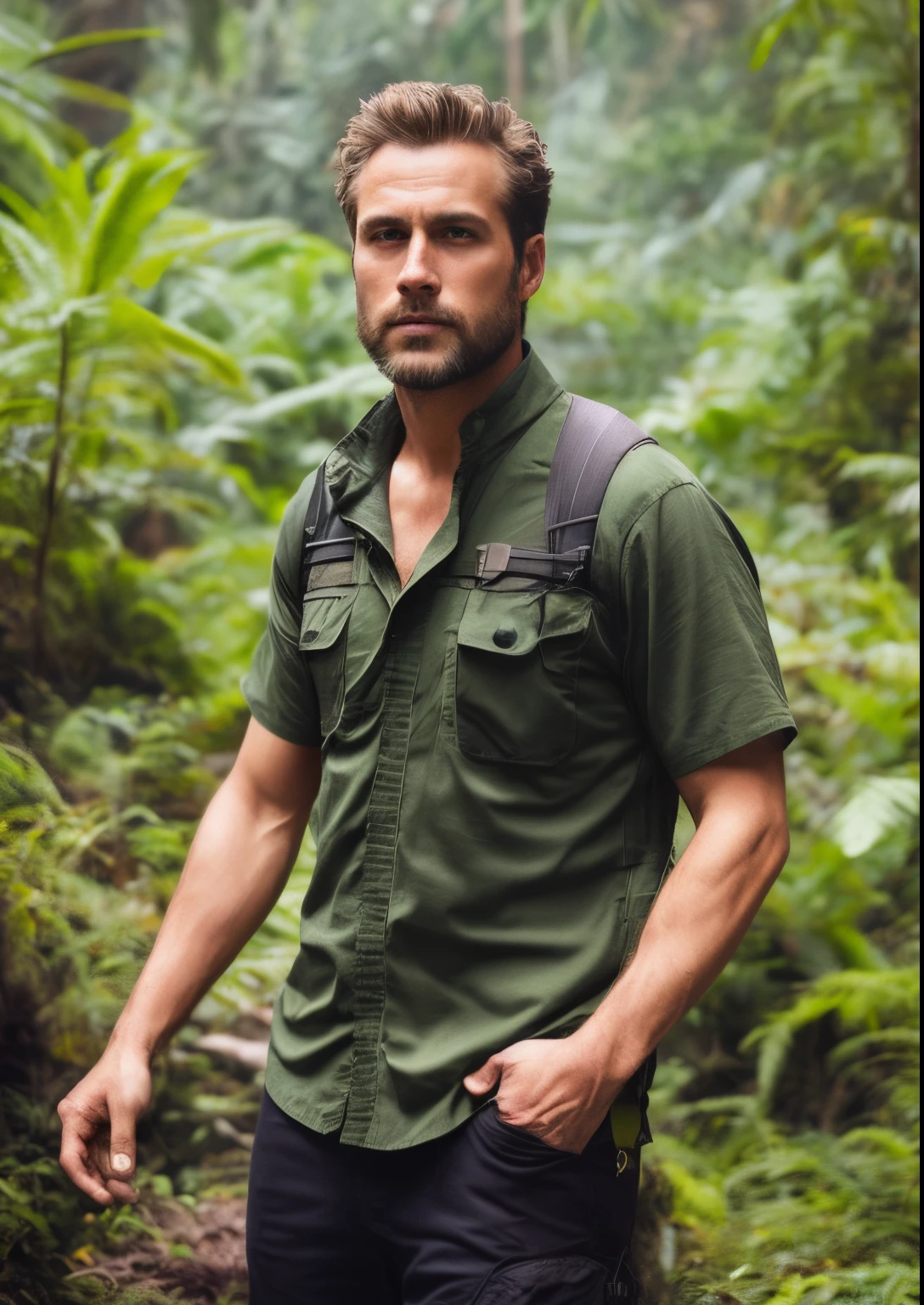 A mature and extremely handsome and fitted rugged adventurer lost in a lush and foggy jungle, determined to complete hismission, short messy hair