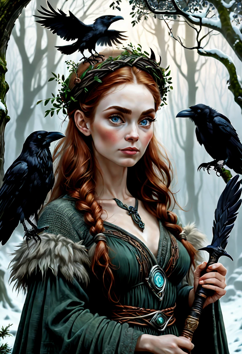 (Numerous award-winning masterpieces, with incredible detail, textures and maximum detail), (full body view of druid woman:1.6), (hyper realistic:1.4), (upper body up:0.4) , 1druid woman in a willow green medieval dress, holding a sword, ((1 black raven on her head:1.5)), fantasy character, a medieval fantasy character, high quality fantasy, winterforest and snowtrees backdround ( (best quality real texture skin), (finely detailed true circle Symmetrical eyes), (beautiful and delicately drawn face), ((medieval world)), (burn brightly icy look in the eye), (She has a mischievous smile on her face), (A pair of Ice-blue eyes with strong blue light emitting from within:1.5),(Dramatic Light), (A majestic sight), (Her countenance is gentle and beautiful), ((dramatic pose)), (chestnut hair), (full body view of druid woman:1.6), ((looks up)), (Greg rutkowski:0.8), (art station:1.5), cinematic, ((neutral colors)), (hdr:1.5), (muted colors:1.2), hyper detailed, dramatic light, (intricate details:1.1), complex background