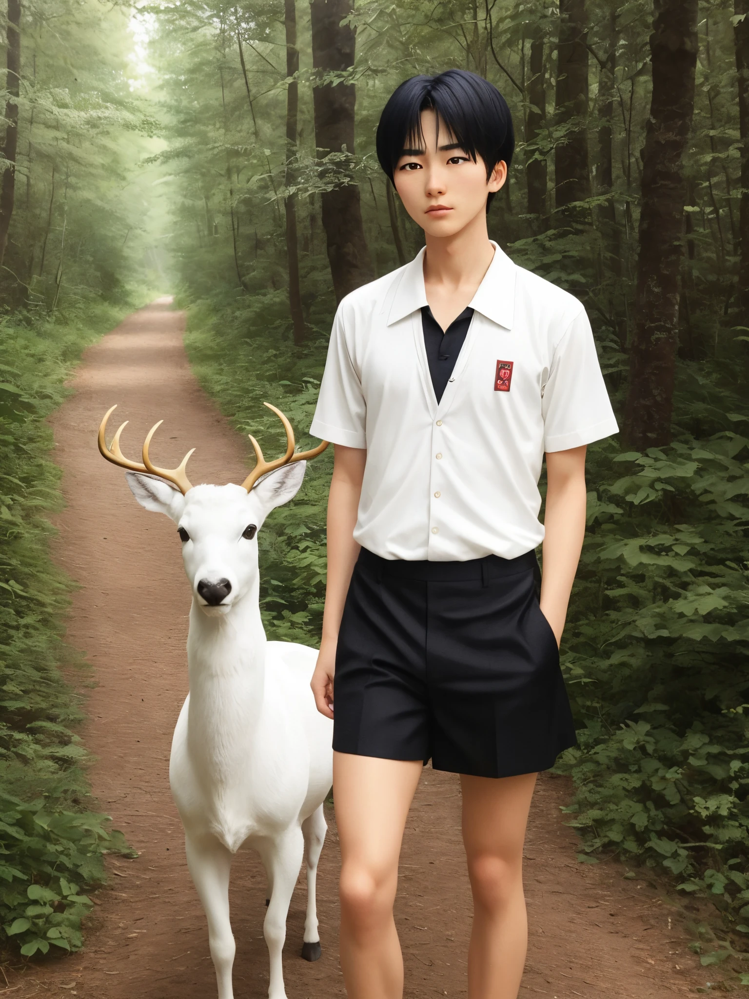 fursona, white deer, golden eyes, handsome Japanese style, no more than , fierce looking. Wearing a Japanese school uniform from the 1960s and going on a hike through a shady forest in the style of a painting.