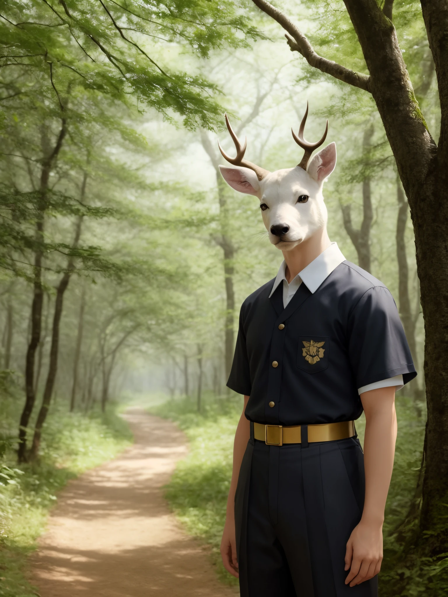 There is a man standing in the woods with a deer head on his head ...