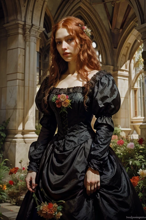 beautiful woman with red hair and purple dress, holding a bouquet of flowers in her hands, Fine Arts Portrait Photography, In the style of the High Renaissance, inspired by Floris van Dyck, inspired by Edward Robert Hughes, in a renaissance style, Pre-Raphaelite style, inspired by Konstantin Vasilyev, based on Pierre-Auguste Cot, Portrait of the Renaissance, Romanticism Portrait