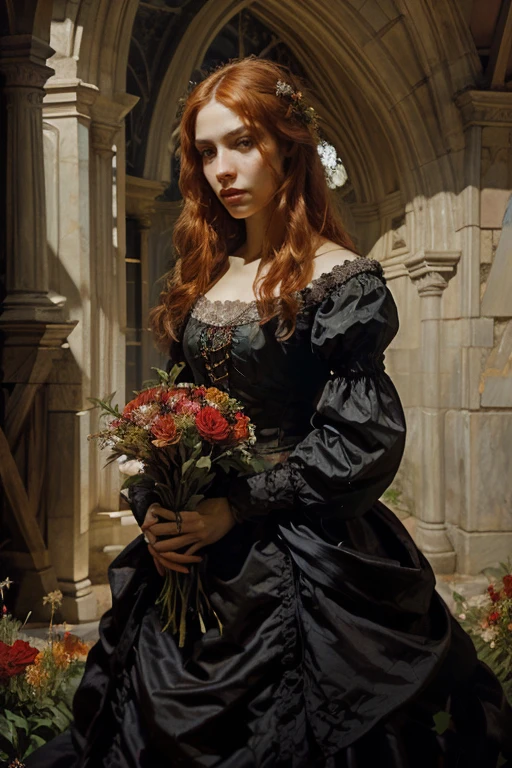 beautiful woman with red hair and purple dress, holding a bouquet of flowers in her hands, Fine Arts Portrait Photography, In the style of the High Renaissance, inspired by Floris van Dyck, inspired by Edward Robert Hughes, in a renaissance style, Pre-Raphaelite style, inspired by Konstantin Vasilyev, based on Pierre-Auguste Cot, Portrait of the Renaissance, Romanticism Portrait