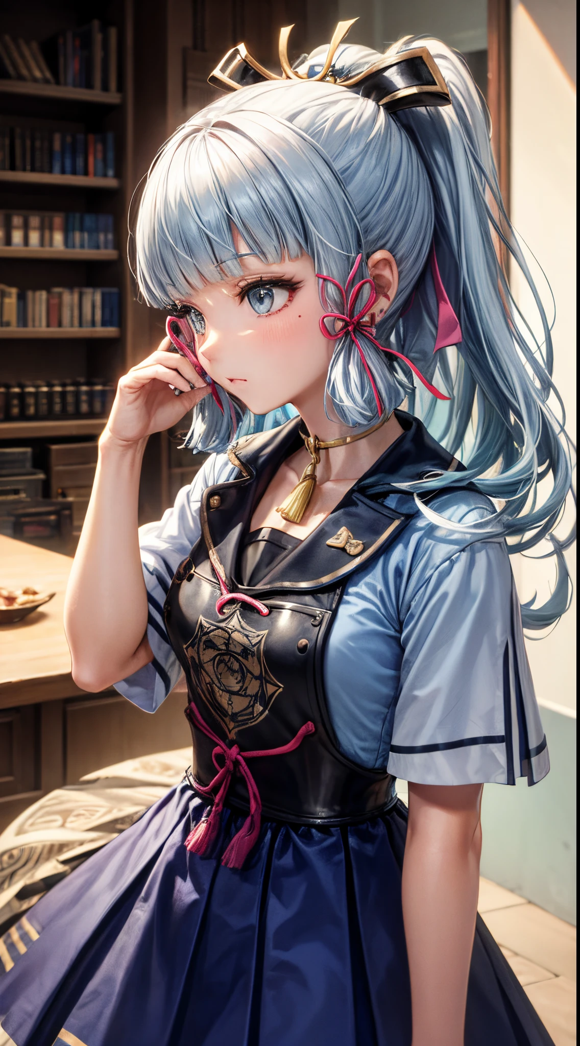 kamisato ayaka (heytea), kamisato ayaka, official alternate costume, ponytail, serafuku, blunt bangs, hair bow, black bow,hair ribbon, red ribbon, BREAK sneakers , pleated skirt, grey eyes, BREAK (light blue hair:1.3), mole under eye , BREAK rich traditional royal house ,