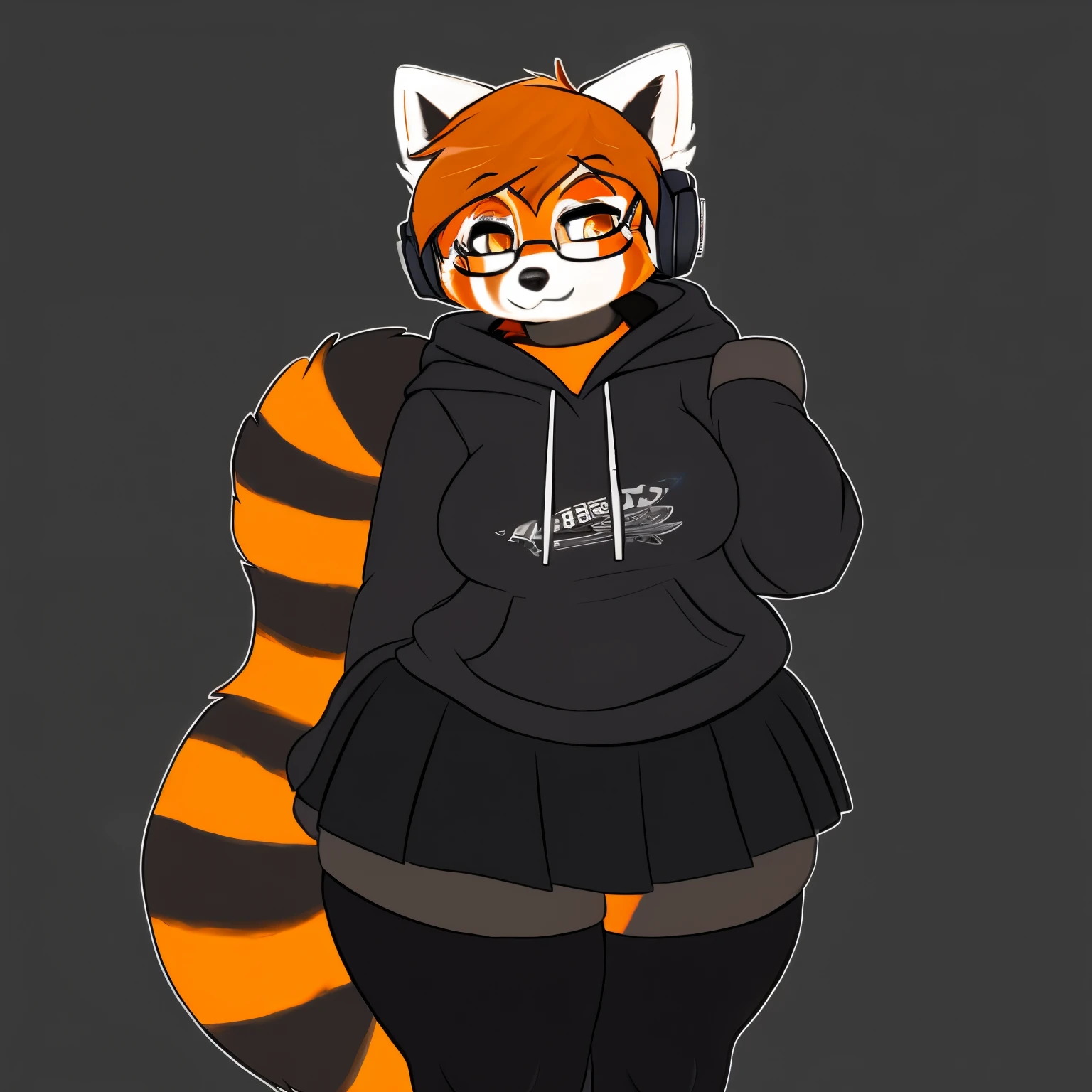 An anthro Red Panda that has a curvy and voluptuous body. It wears a black shirt with a black and grey short sleeve hoodie and black shorts with a skirt. It also wears headphones around its neck and wears glasses. It has Amber eyes.