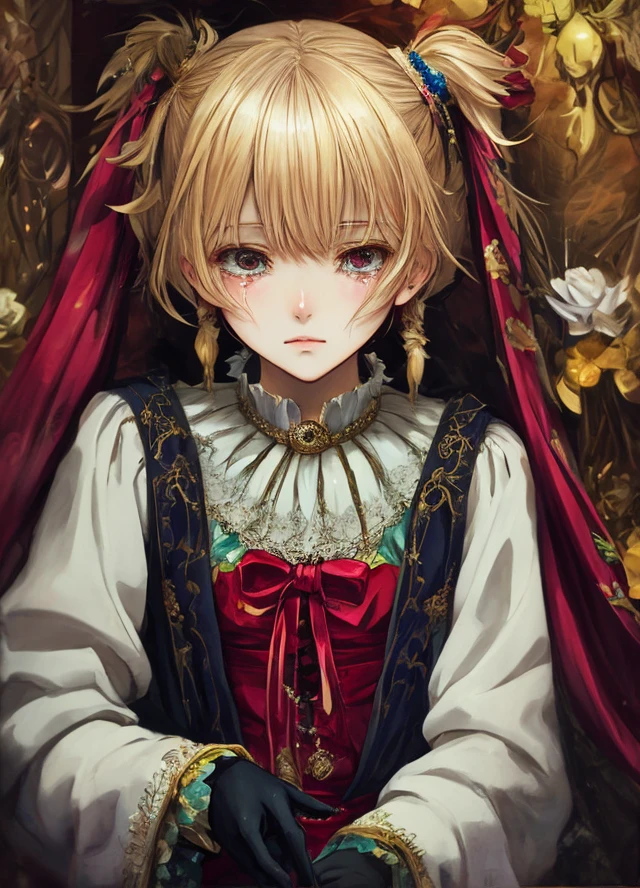 2d art、Anime style、Manga style、marionette、beautiful Clothes、Fine decoration、long twintails、The thread is being cut off、weak spotlight from above、mournful、is crying