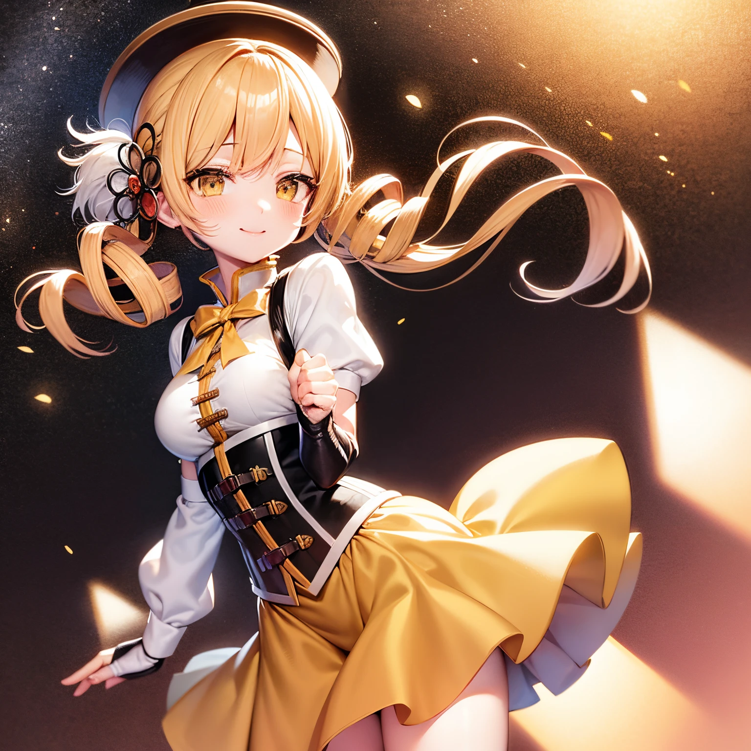 masutepiece, Best Quality, 1girl in, (Mami Tomoe), Blonde hair, Drill Hair, twin drills, (Yellow eyes:1.2), Brown gloves, corsets, Detached sleeves, Fingerless gloves, Smile, hat, magical ***********, Puffy sleeves, striped thigh, Yellow skirt, coverd nippple, breasts, npclearly, clearly , Hidden Private, Partially visible crotch, skyporn, evening, Sunset, Chibi Chara, Chibi, Deformed Character