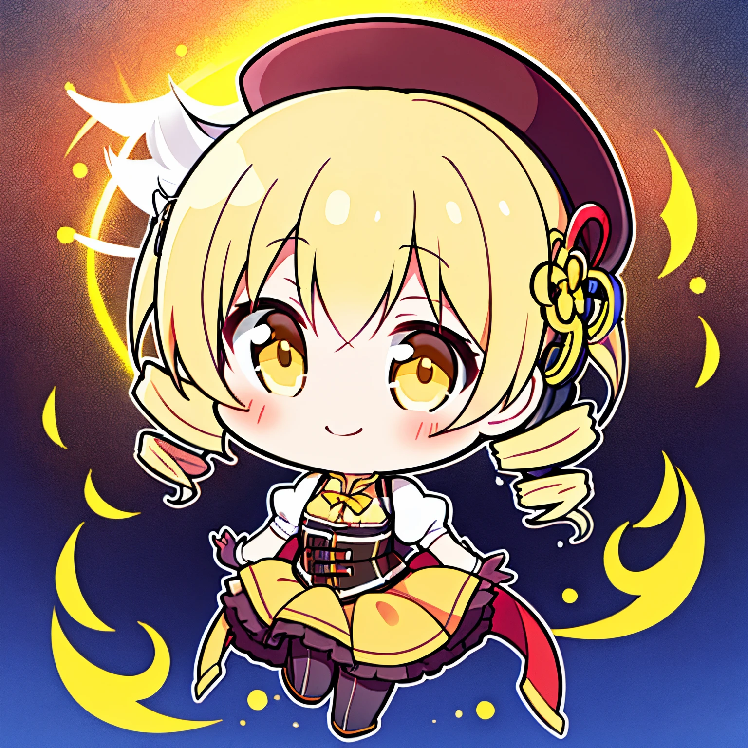 masutepiece, Best Quality, 1girl in, (Mami Tomoe), Blonde hair, Drill Hair, twin drills, (Yellow eyes:1.2), Brown gloves, corsets, Detached sleeves, Fingerless gloves, Smile, hat, magical ***********, Puffy sleeves, striped thigh, Yellow skirt, coverd nippple, breasts, npclearly, clearly , Hidden Private, Partially visible crotch, skyporn, evening, Sunset, Chibi Chara, Chibi, Deformed Character