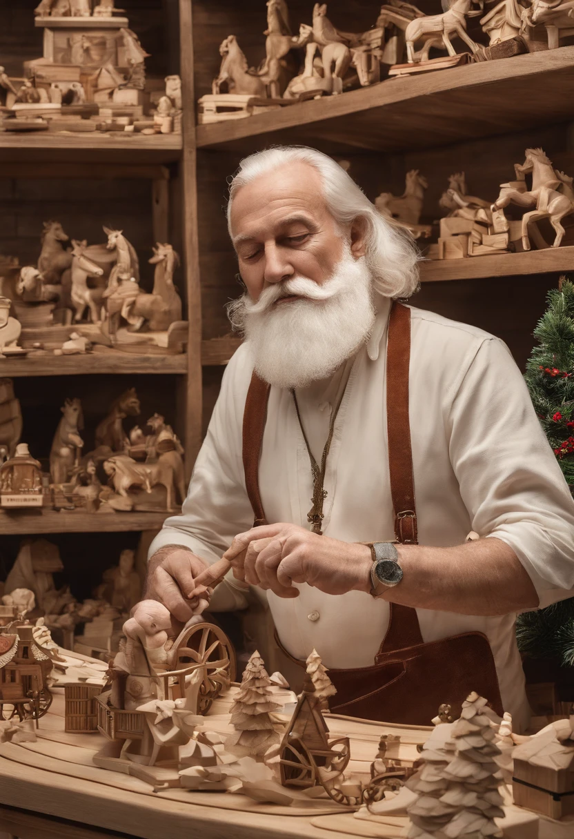 A close-up of Elfred carefully carving intricate designs into wooden rocking horses,original,As the head elf, Elfred, presents a deceptive appearance with his small, sprightly frame, twinkling green eyes, and a constant smile under a neatly trimmed white beard. Ostensibly dedicated to managing Santa’s workshop, he is secretly the mastermind behind a massive global cocaine cartel.