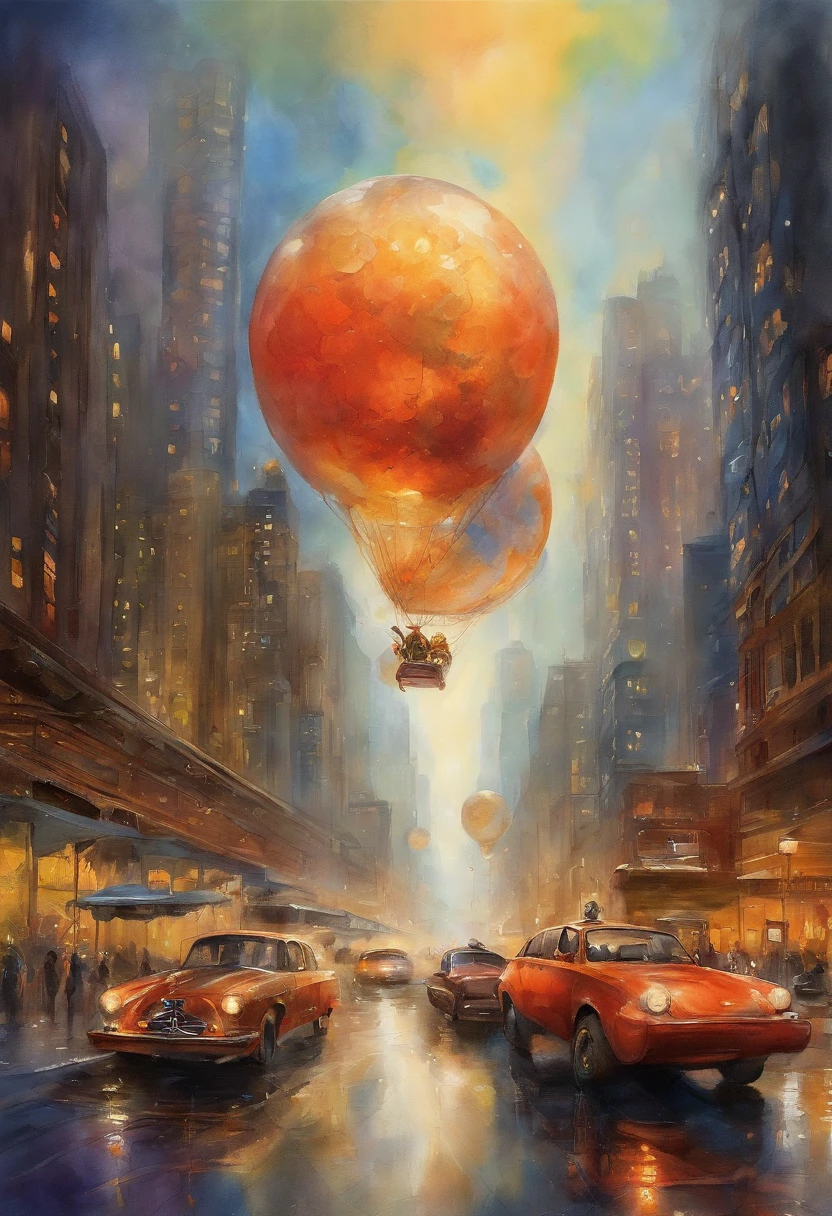 Imagine Afro Santa Claus and his reindeer in a car in a futuristic cityscape. The iridescent plasma fractals illuminate the towering skyscrapers and flying vehicles. The bubbles take the form of high-tech energy spheres, and the scene is bathed in a neon glow.