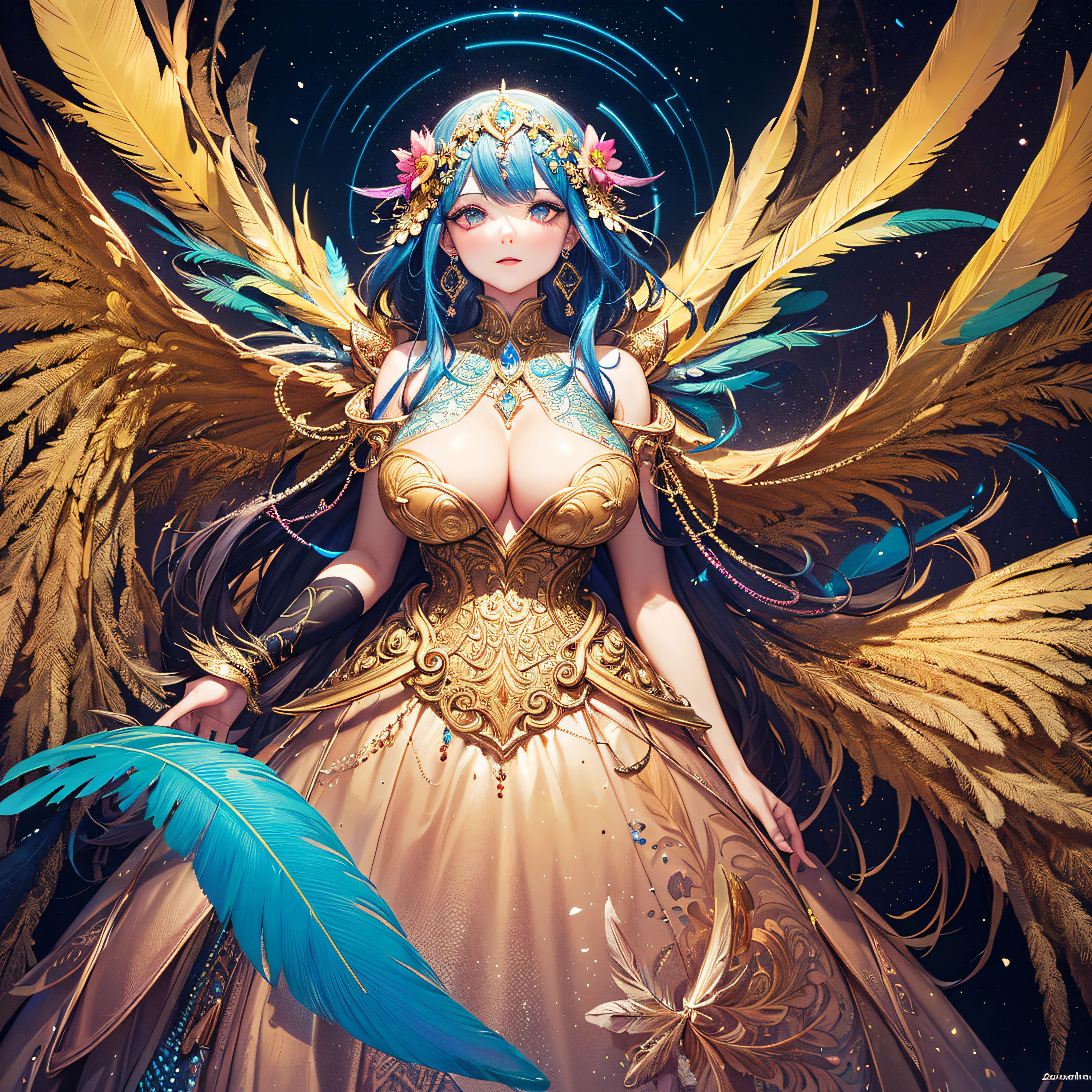 girl with,Huge breasts,off shoulders,Golden hair,Colored feathers,metal ornaments,colorful flower,Particle,Rays of Light,(masutepiece, of the highest quality, Best Quality, Official art, Beautiful and aesthetic:1.2), (1girl in:1.3), Extremely detailed,(Fractal Art:1.1),(Colorful:1.1)(Flowers:1.3),highest details,(Zentangle:1.2), (Dynamic Pose), (Abstract background:1.3), (Shiny skin), (Many colors:1.4), ,(earrings:1.4), (Feathers:1.4)