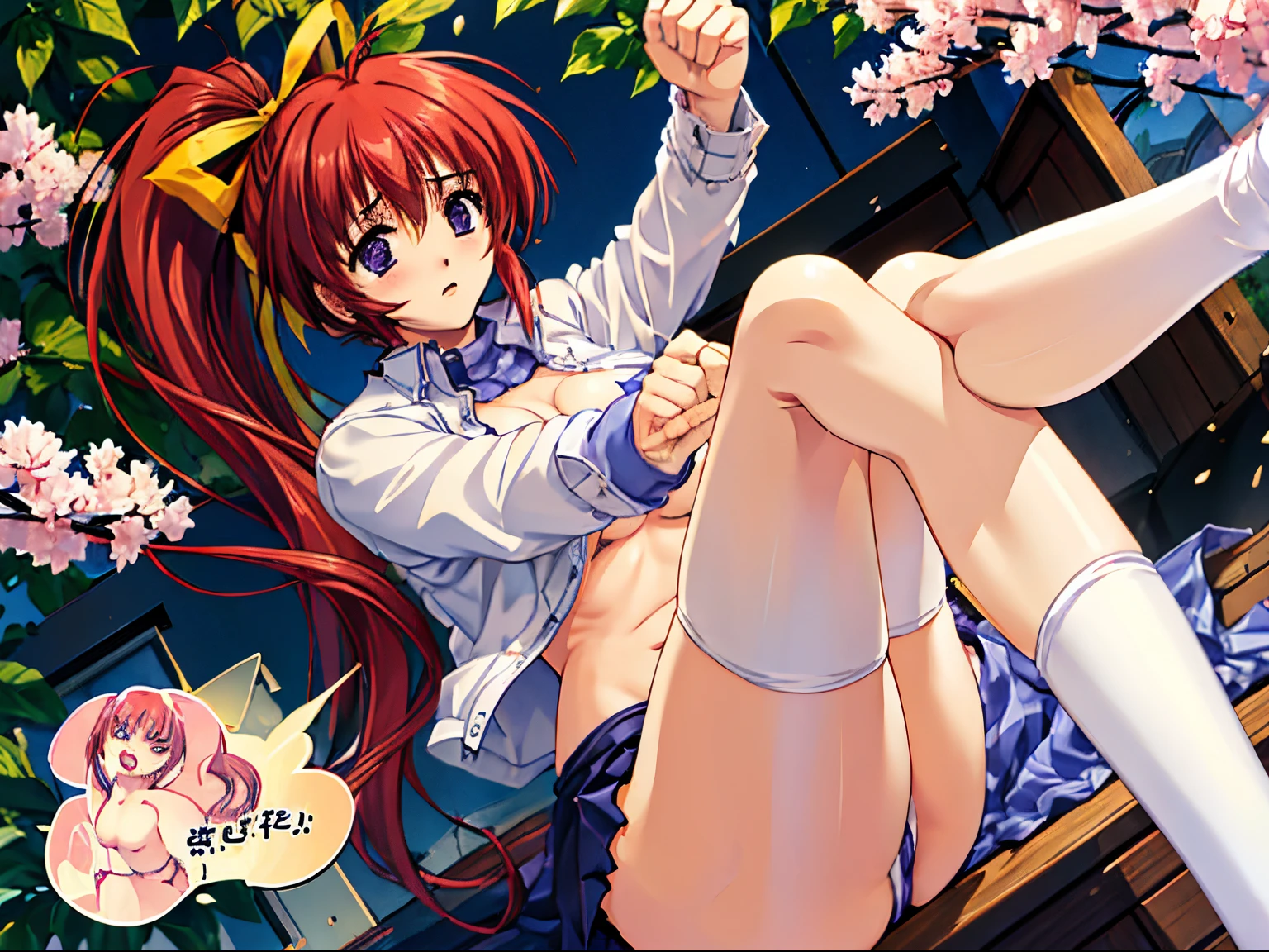 Best Quality, Highly detailed, Same as, (((The cherry tree))), An outdoor masterpiece, High quality, Best Quality, High resolution, 4K, High Definition, Beautiful lighting,Highly detailed face, well-drawn hands, well-drawn legs,well-drawn feet,well-drawn eyes,1girl in,,,​masterpiece, top-quality, Hi-Res, , , 1girl in, Solo,,{{Detailed}},(((Mizuki_Takase))),(((comic strip_Party))),(((White jacket))), (((Striped shlit))),(((White High Socks))),Red_hair, hair_bow ribbon,One_Side_pony_tail,Purple_eye, large full breasts,19 year old girl,white_high_ sox,zettai ryouiki,Ahoge,(((1 ponytail))),(((white_high_ sox))),(((zettai ryouiki))), thighs thighs thighs thighs, Skindentation,Ahoge,1 ponytail,thick thighs,, point to the listener,(​masterpiece、top-quality、detaileds)、natta、frombelow、Knee up、A smile、cparted lips、full body Esbian、looking at the viewers、​masterpiece、top-quality、hight resolution、独奏、in a house、、bra very、sprawl、From  above、Outstretched arms、irate、Disturbed clothing、Rough breath、Sexual facial expressions,(((1boys、女の子1人,Having sex))),((( with guy,))),(((Panties_Around_One_Leg))), Sweating, NSFW,Sweat,perspired,(((Rape))) ,vaginal,object insertion ,4fingers and 1thumb,Five Fingers,(((Shy))),(((NSFW))),(((trembling))),(((with guy))),,(((vaginal))),(((object insertion))),(((trembling))),(((trembling))),(((with guy))),,(((vaginal))),(((object insertion))),(((Rape))),(((trembling))), (((Striped shlit))), (((Blue striped underwear))),,BREAK,(((1boys、女の子1人,Having sex))),((( with guy,))),vaginal ,((( with guy,man on top/missionaries)))