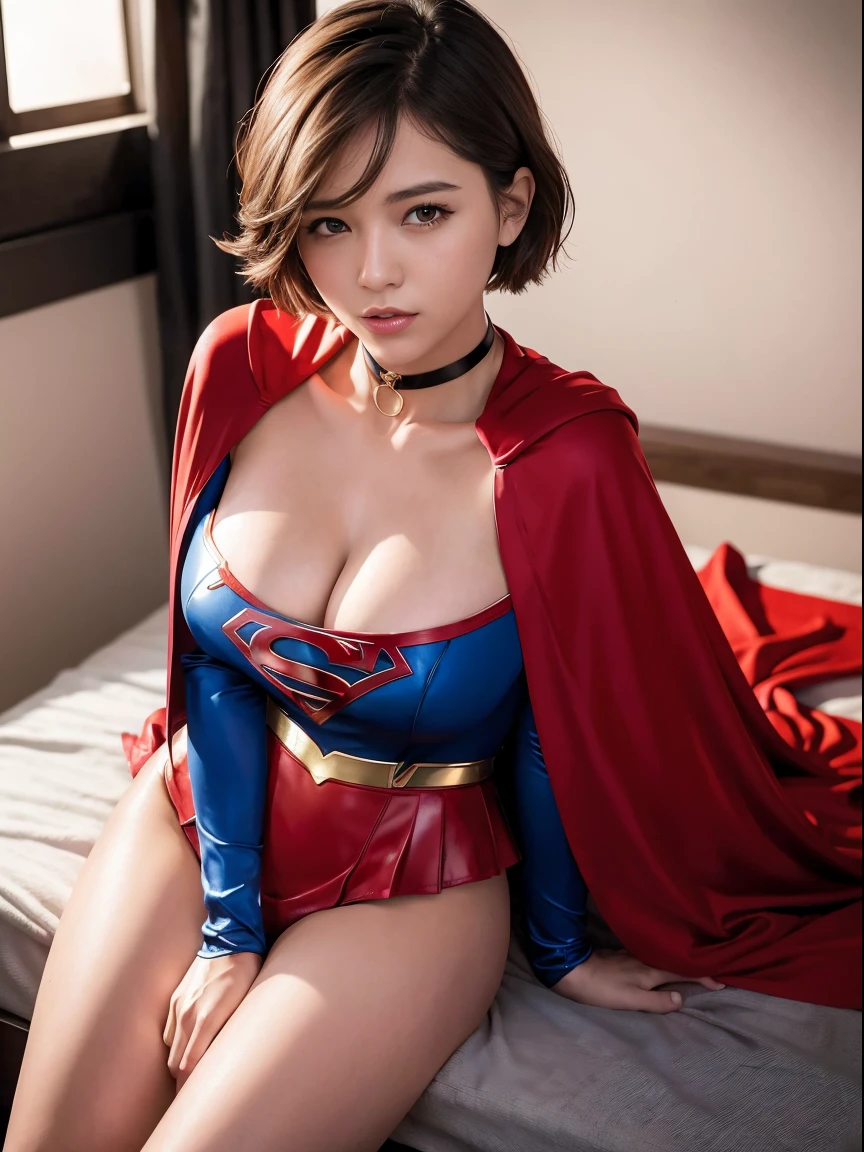 masterpiece、Short-haired Supergirl seducing in bed、a choker、large full breasts、Looking at the camera、Enamel costume、bewitching poses、a miniskirt、Skirt twisting、Hand bra、Cover of a boys' magazine, long red cape, mastubating