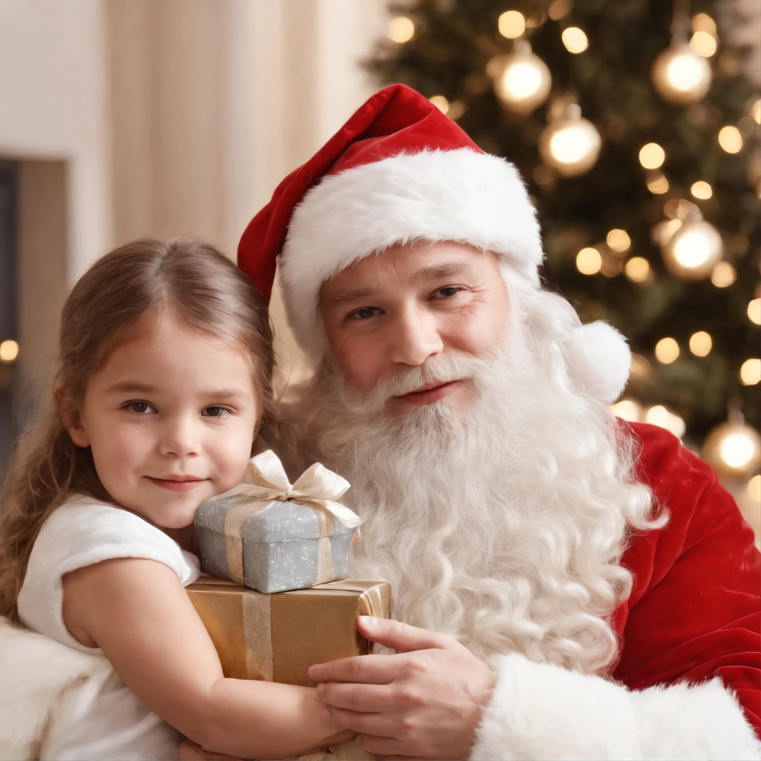 Santa claus holding a little girl with a present in front of a ...