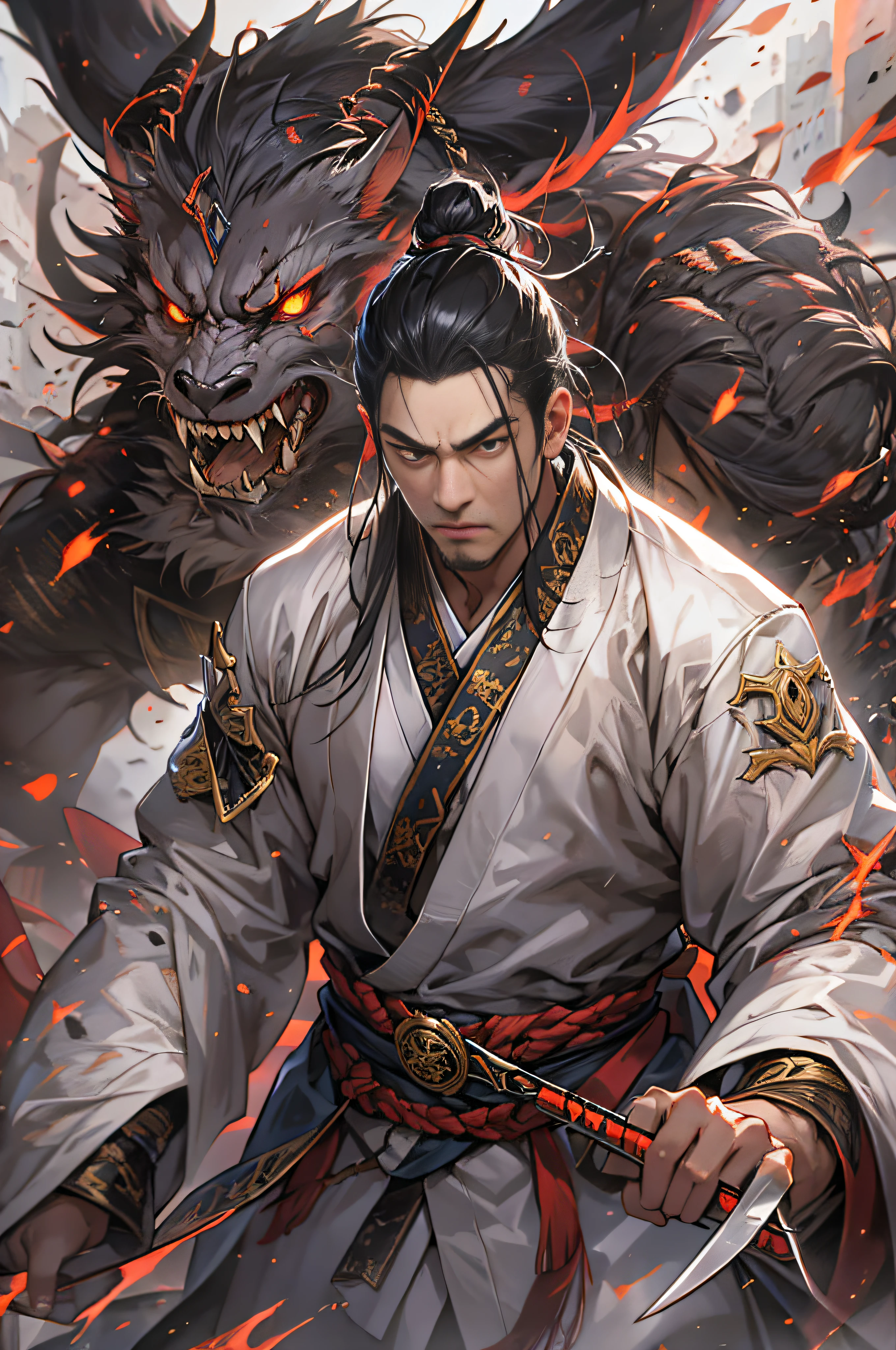 Li Gu showed terrifying power in the battle, Defeat the forces of the Alliance of Demons and the Unification Church, Li Gu moves like lightning, Wields his weapon in destructive attacks, The soldiers of the Ten Thousand Demons Alliance and the Unification Sect are all vulnerable to him., Unable to withstand his terrifying power, , 8K, Best quality at best, tmasterpiece, super detailing, high detal