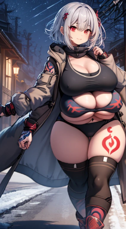top-quality、Top image quality、in 8K,4K,masterpiece、(NSFW:1.1)、ultra-detailliert、Beautiful、ultra-quality、adult-like、Cool、girl with(((18year old、Bust 78、silber hair、Long coat with open front、Sportsbra、underpants、a short bob、Red Eyes、k:1.4、Happiness、The tattoo)))、hiquality、visualart、Background with((Winter Night Road:1.3))、masutepiece, (giant breast (giant hips:1.6), multiple breasts, extr