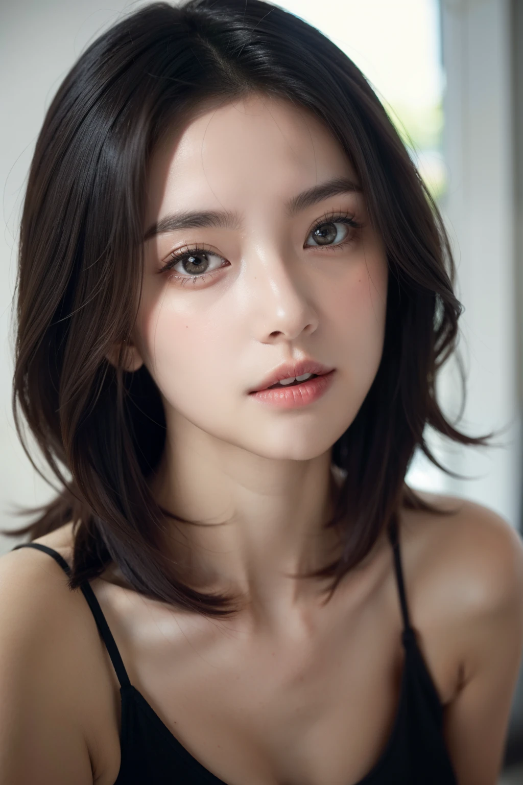 A professional photo of 1 girl, she is wearing a tank top and jeans, she has long black hair and beautiful sharp eyes colored light brown, (High Resolution, Intricately Detailed, Realistic,), In focus face, BREAK (perfect eyes:1.1), [Detailed pupils, Detailed iris, Detailed eyes, Detailed face,], complete face, complete eyes, clear eyes, clear lips, clear mouth, clear nose, hyper-realistic face, realistic face, (pores:0.3), (real skin:0.7), healthy skin, narrow waist, slim, petite, small breasts, aesthetic, natural lighting, RAW photo, photo-realistic, real life photo , dramatic, atmospheric, Masterwork, realistic