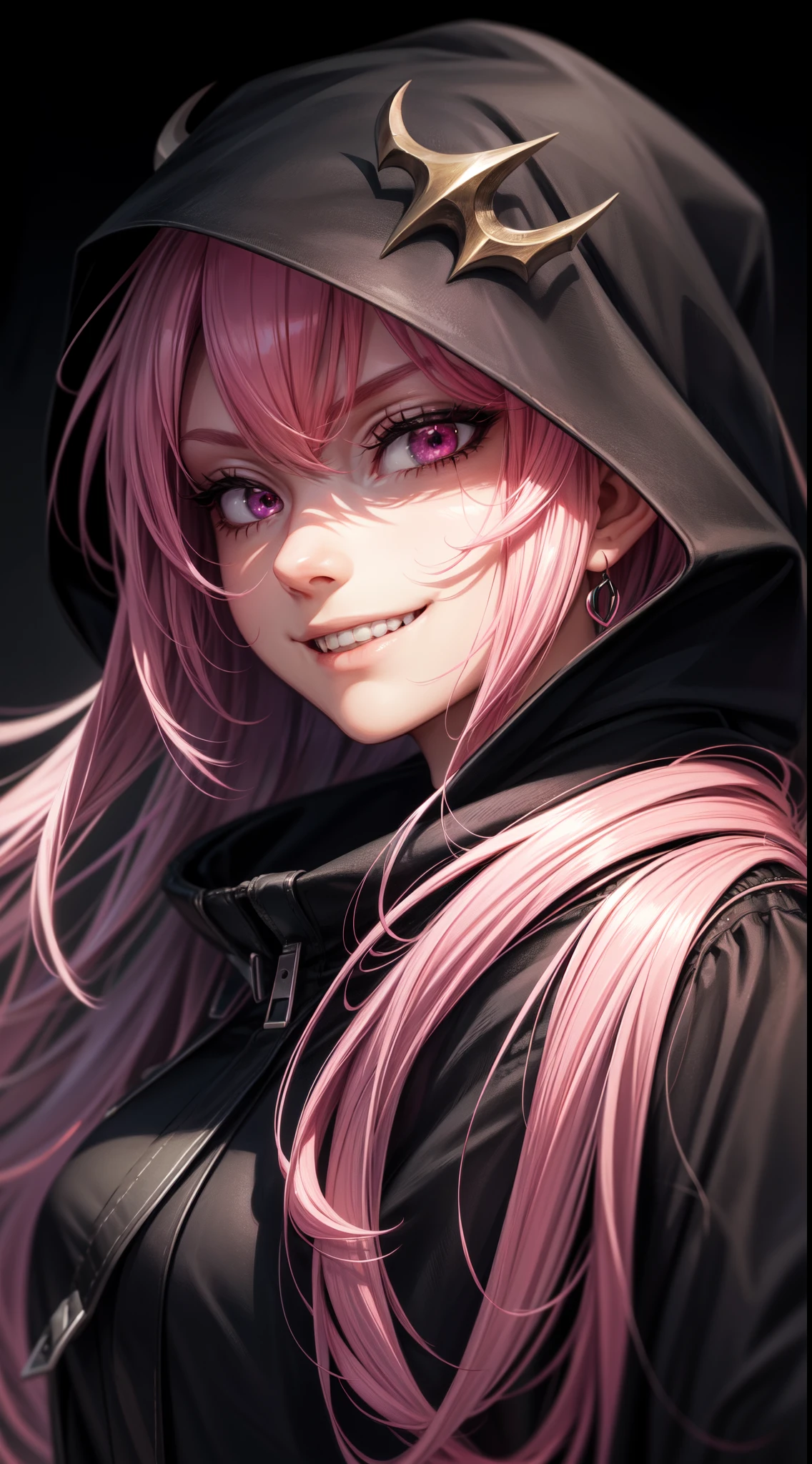 1girl, pink hair, long hair, hd quality, 4k, 8k,,eyes, face, , evil, dark, face closeup, face, evil smirk, fangs, black background, face close up. dominant, dark, sideways, sideview, hooded, villain, hair clip, smile