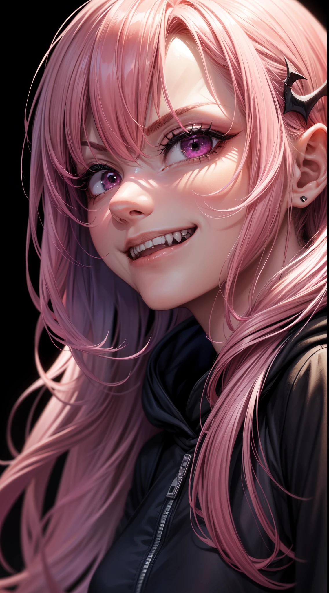 1girl, pink hair, long hair,  hd quality, 4k, 8k,,eyes, face, , evil, dark, face closeup, face, evil smirk, fangs, black background, face close up. dominant, dark, sideways, sideview, hooded, villain, hair clip, smile