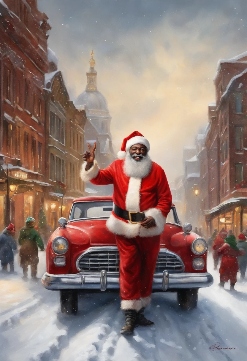 best quality, realistic, photorealistic, award-winning illustration, (intricate details: 1.2), (delicate detail), (intricate details), vintage black afro man as santa Claus and his reindeer in a car in a cityscape looking at camera, a photorealistic painting by Mac Conner, pexels, realism, character, the man is wearing a old red clothes and overalls, The background is a painting of Christmas aesthetic , creating a contrast between the realistic and the artistic elements of the image,8k
