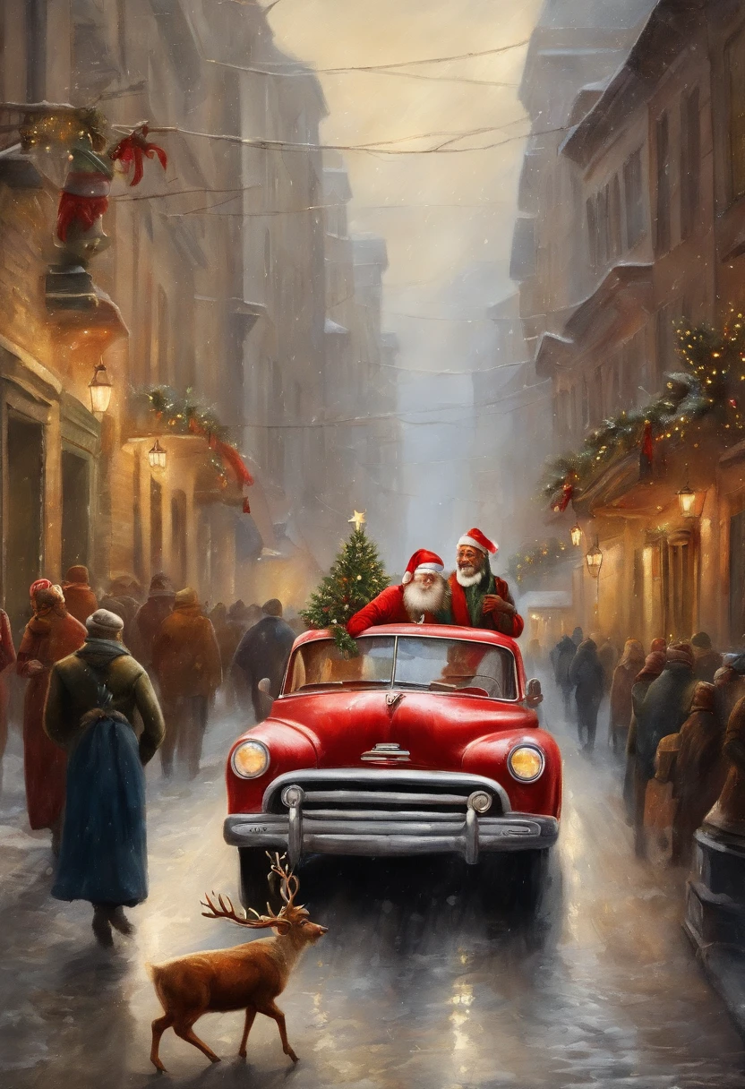 best quality, realistic, photorealistic, award-winning illustration, (intricate details: 1.2), (delicate detail), (intricate details), vintage black afro man as santa Claus and his reindeer in a car in a cityscape looking at camera, a photorealistic painting by Mac Conner, pexels, realism, character, the man is wearing a old red clothes and overalls, The background is a painting of Christmas aesthetic , creating a contrast between the realistic and the artistic elements of the image,8k