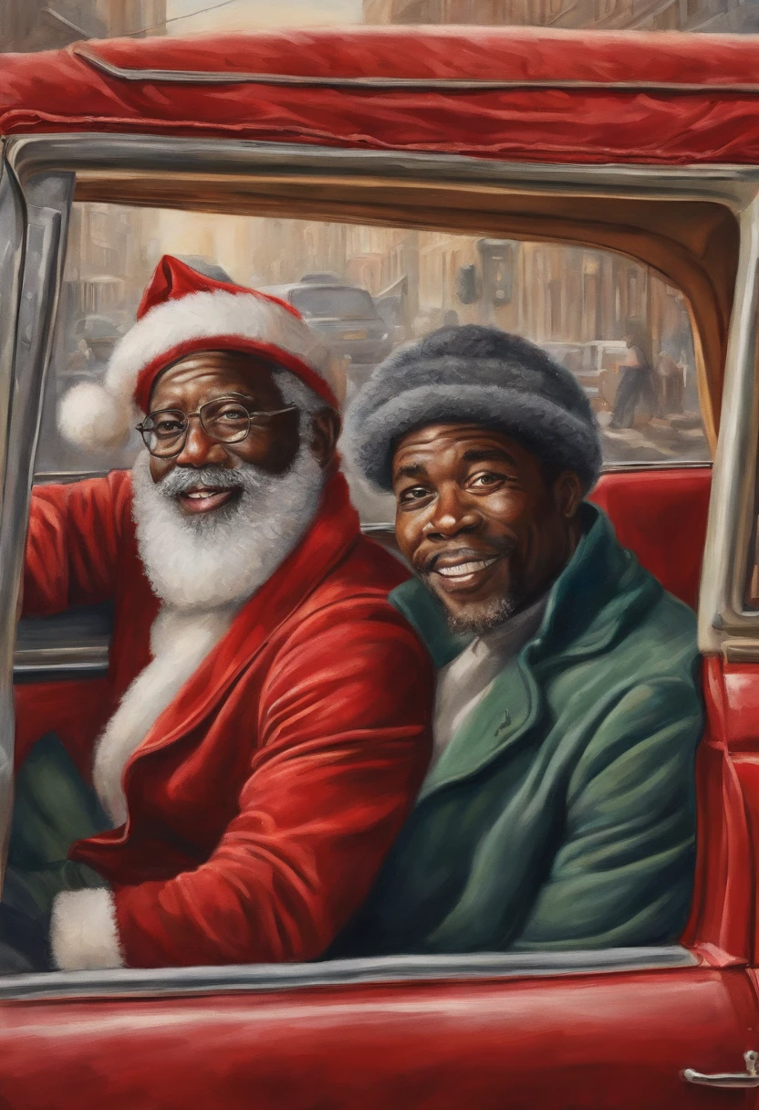 best quality, realistic, photorealistic, award-winning illustration, (intricate details: 1.2), (delicate detail), (intricate details), vintage black afro man as santa Claus and his reindeer in a car in a cityscape looking at camera, a photorealistic painting by Mac Conner, pexels, realism, character, the man is wearing a old red clothes and overalls, The background is a painting of Christmas aesthetic , creating a contrast between the realistic and the artistic elements of the image,8k