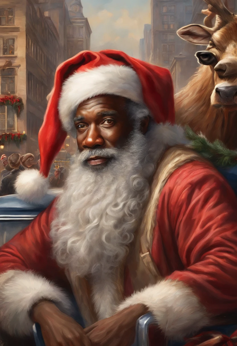 best quality, realistic, photorealistic, award-winning illustration, (intricate details: 1.2), (delicate detail), (intricate details), vintage black afro man as santa Claus and his reindeer in a car in a cityscape looking at camera, a photorealistic painting by Mac Conner, pexels, realism, character, the man is wearing a old red clothes and overalls, The background is a painting of Christmas aesthetic , creating a contrast between the realistic and the artistic elements of the image,8k