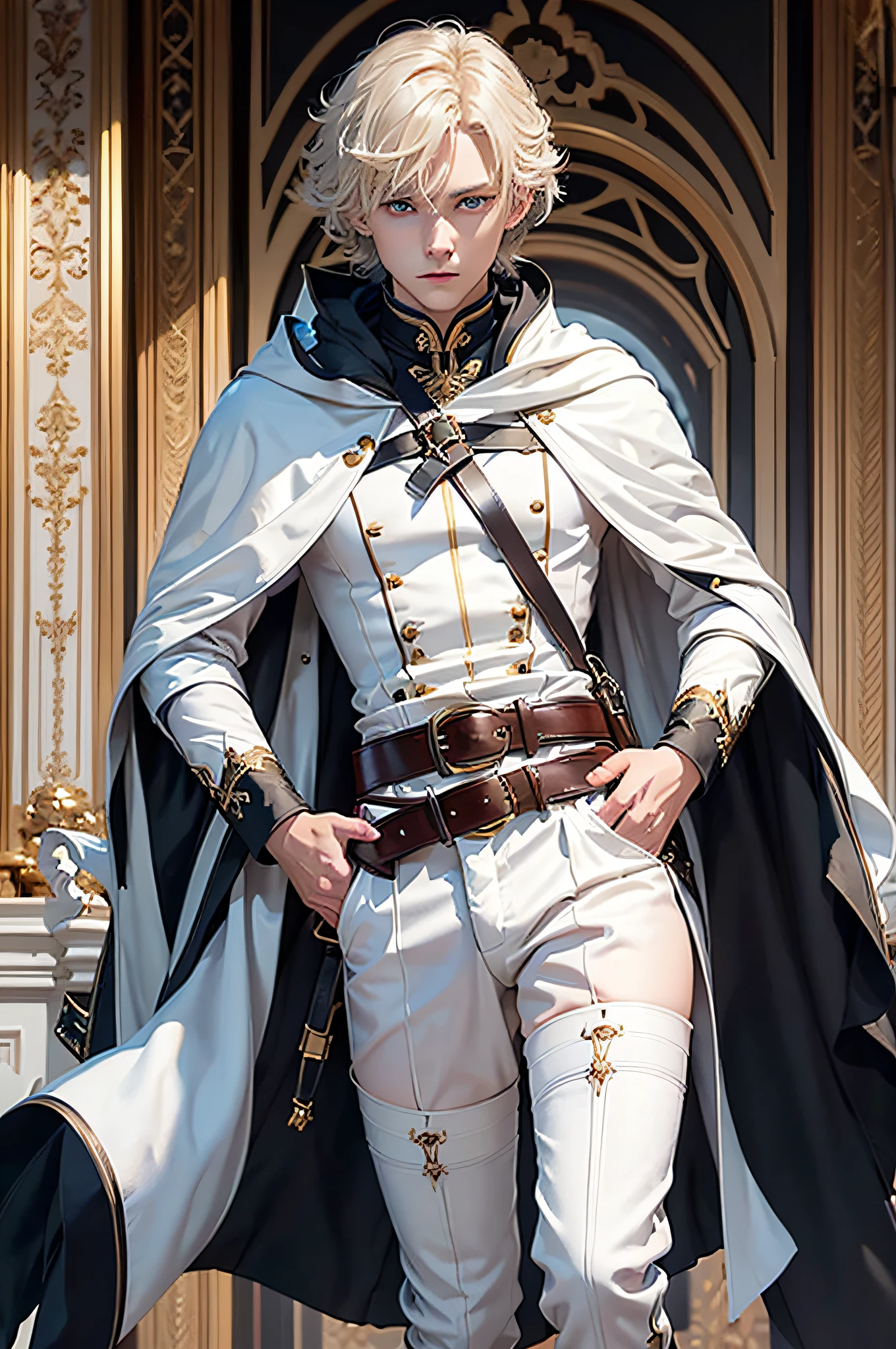 High Details, High Details, hiquality,beste-Qualit,Masterpiece quality,Young man, blue eyes, vertical cat pupils, pale skin, golden wavy short hair, white pants, wide belt, thigh high black boots, white tunic with black inserts, white cloak with drawstrings