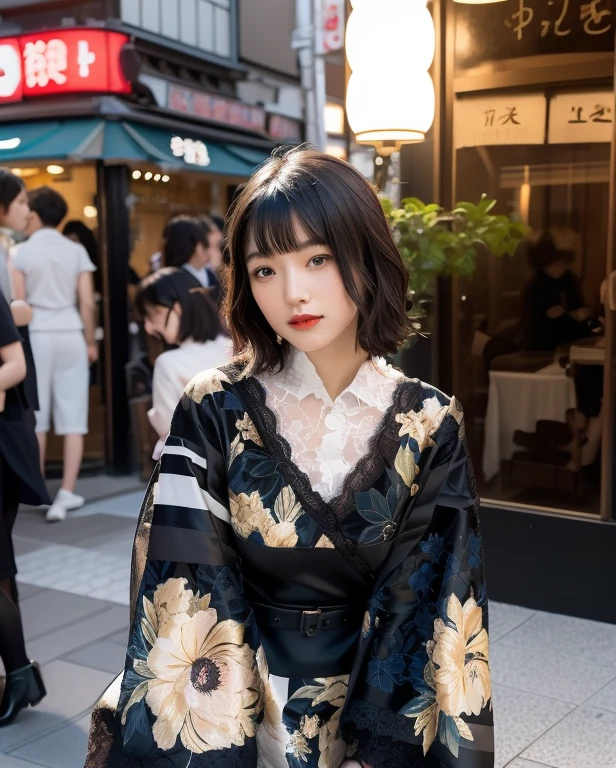 Close up portrait of woman with short black hairstyle, With short hair, Beautiful young Japan woman,, beautiful japanese female, a japanese girl, Young adorable Japan face,, black hime-cut hair, Portrait of female Japan idols, Beautiful Asian Girl, with a bob cut, Beautiful Asian Woman, Black dress,lace dresses,Knee-length dress,cloth belt dress,pleatedskirt,shirt collar dress,Black short boots,black low heel boots,Streets of Tokyo,Downtown Tokyo,There is a cafe
