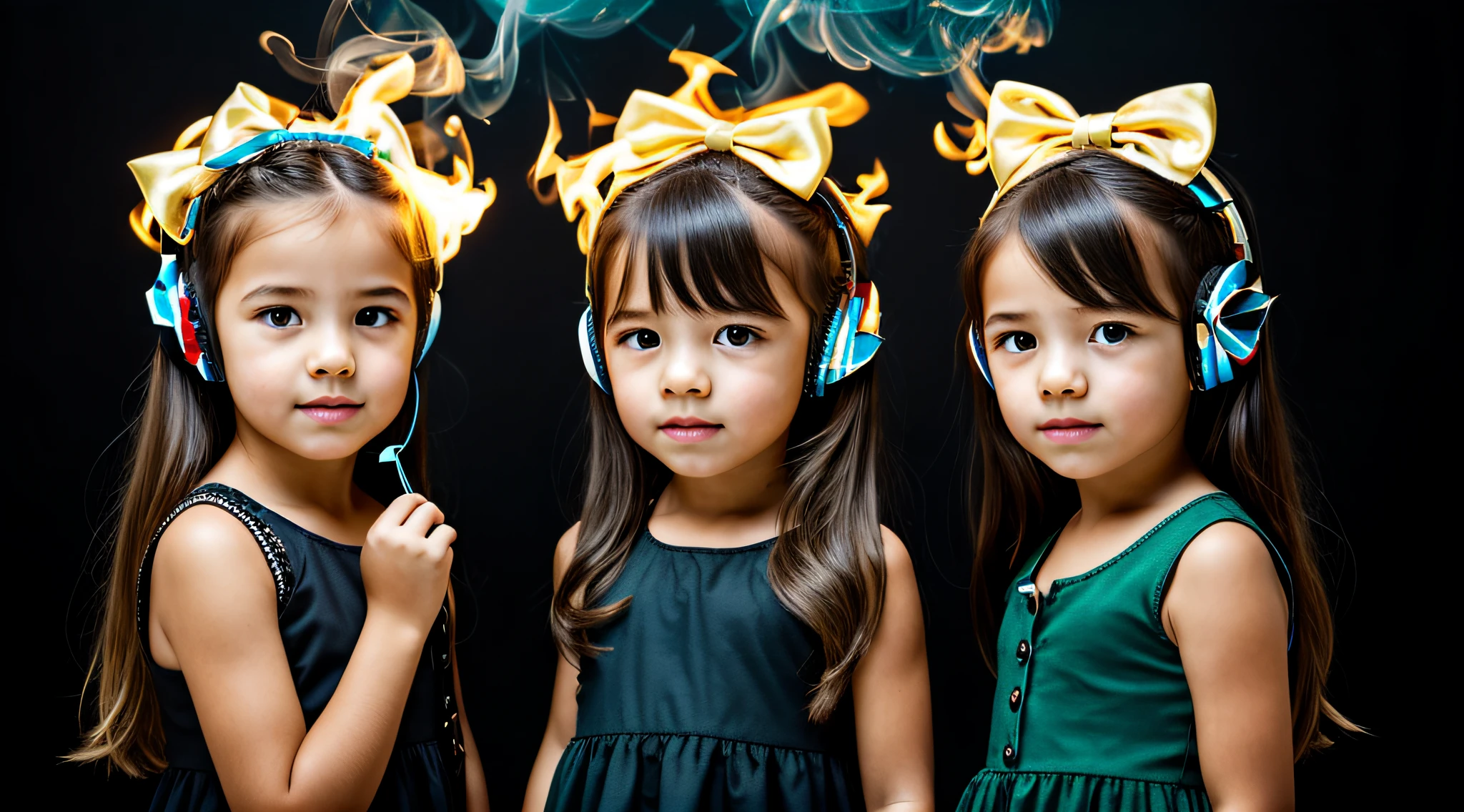 BLACK BACKGROUND. two girls KIDS BLONDE GOLD WITH LONG HAIR with bows on the head AND HEADPHONE and one wearing BLACK dress, FONES DE OUVIDO FOGO E FOGO. GREEN Smoke Billowing GREEN, portrait of twins twins, faixa de cabelo AMARELO,