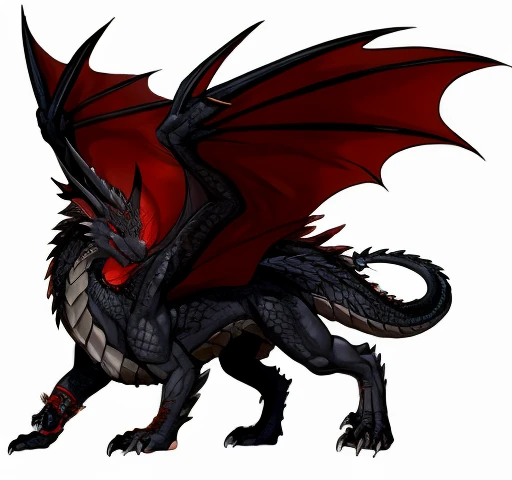 black western dragon,Sharp red eyes,large wings,quadrupedal walking,Sharp fangs,gray abdomen,meat with thorns,greyt hair,fullnude,giant dragon body,gray wing membrane,Changed red wing membrane to gray wing membrane,Gray wings,Maintain an illustrative touch,gray wing membrane,young male dragon